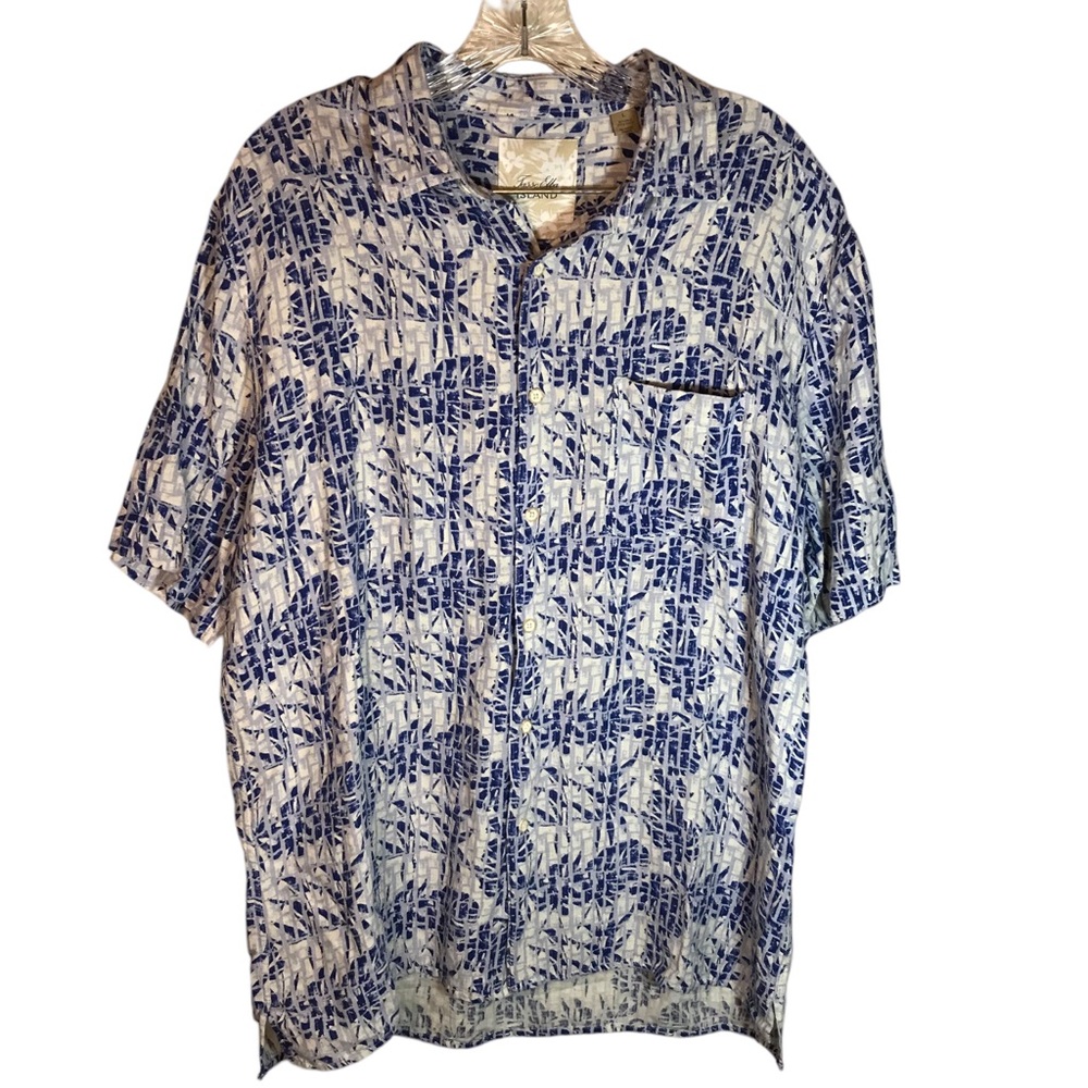 Tasso Elba Island shirt men L Blue Cream Short sleeve silk linen button resort